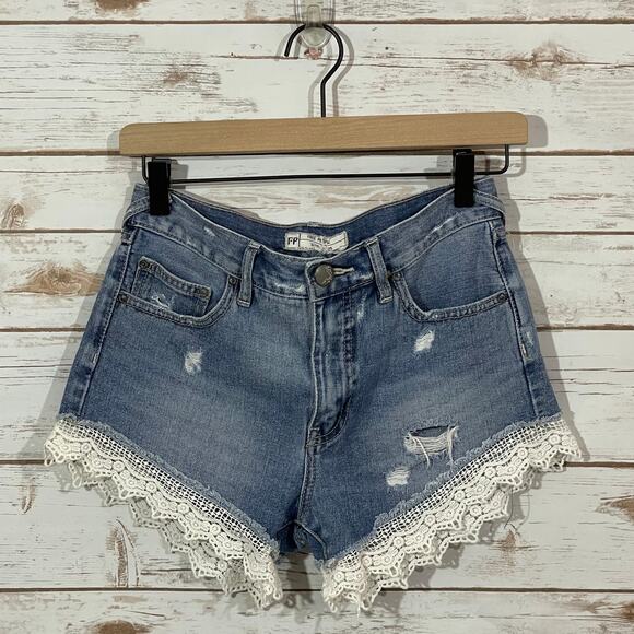Free People Lace Trim Distressed Denim Shorts - Blue - 25 - Picture 6 of 10